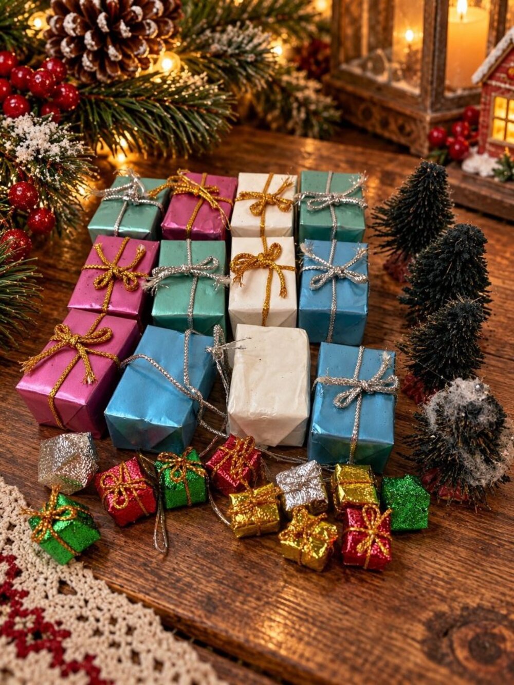 Miniature Gift Boxes & Trees Set Christmas Village Trains